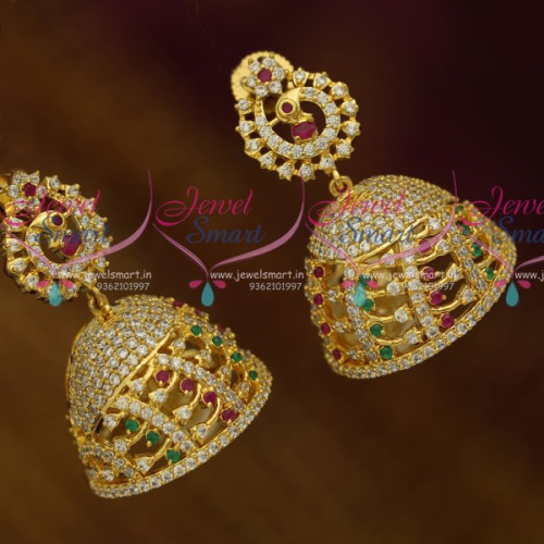 J10522 AD Fashion Jewellery Peacock Ruby Emerald White Jhumka Earrings Latest Collections Shop Online
