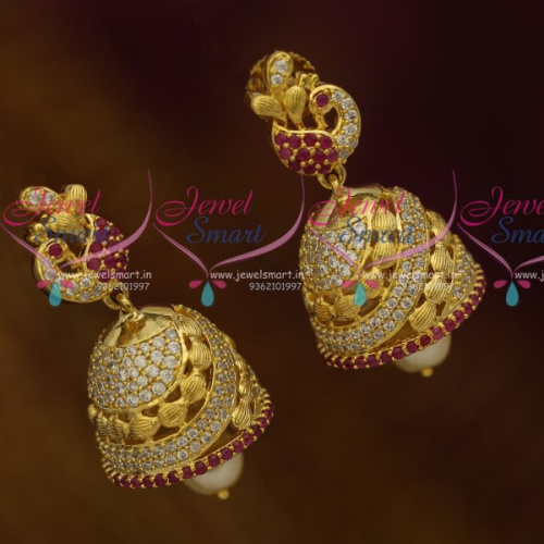 J10524 Latest AD Fashion Jewellery Gold Finish Semi Precious Stones Jhumka Earrings Shop Online