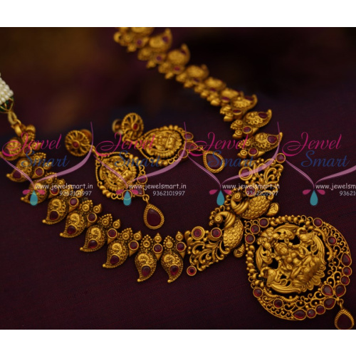 NL10570 Temple Jewellery Matte Antique Gold Mango Mala God Design Pendant Shop Online Red Stones
