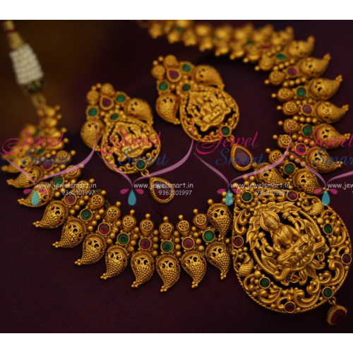 NL10572 Broad Antique Gold Mango Mala God Design Pendant Temple Jewellery Shop Online Red Green Stones