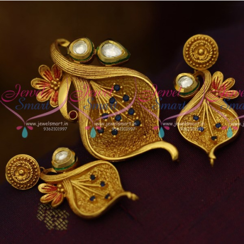 PS10151 Kundan Semi Precious Colour Stones Gold Plated Pendant Set Premium Jewellery Collections