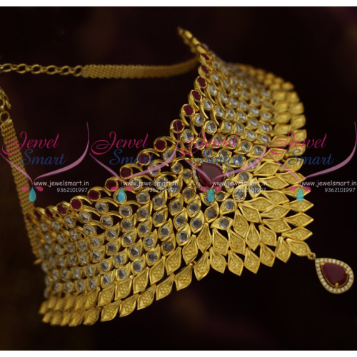 NL10476 Ruby Polki Matte Light Gold Sparkling Stones Grand Bridal Choker Necklace Fashion Jewellery Designs Online