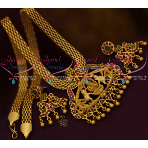 PS10322 Real Gold Finish Matte Rich Look Gajalakshmi Temple Jewellery Flat Chain Pendant Ruby Emerald Stones Online