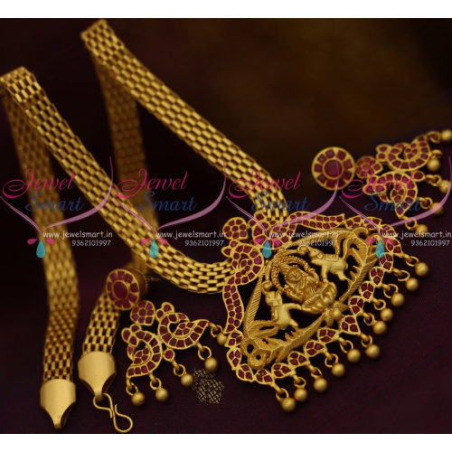 PS10323 Real Gold Finish Matte Rich Look Gajalakshmi Temple Jewellery Flat Chain Pendant Ruby Stones Online