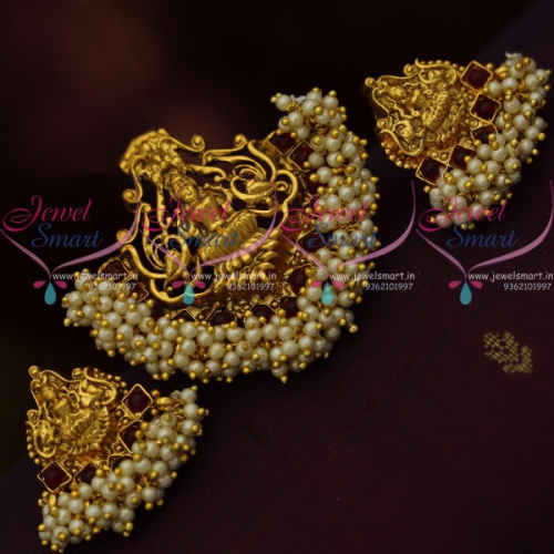 PS10489 Kemp Nagas Temple Laxmi God Design Pendant Earrings Pearl Drops Heavy Handmade Jewellery