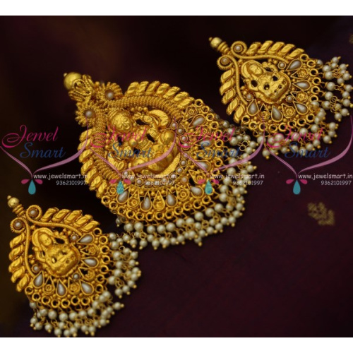 PS10491 Temple Jewellery Pendant Big Earrings Pearl Drops Traditional Antique Nagas South Indian Designs