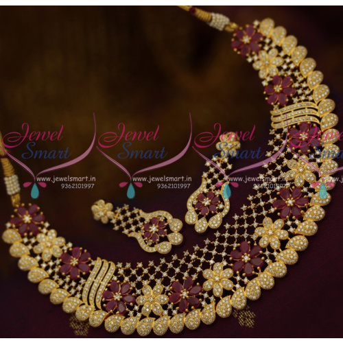 NL10718 Broad Rich Look Floral Design Ruby White Stones Fashion Jewellery Necklace Online