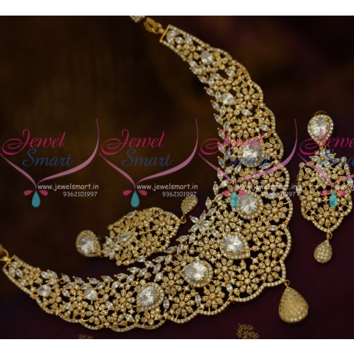 NL10719 Broad Diamond Finish Look Floral Design AD Stones Fashion Jewellery Necklace Online