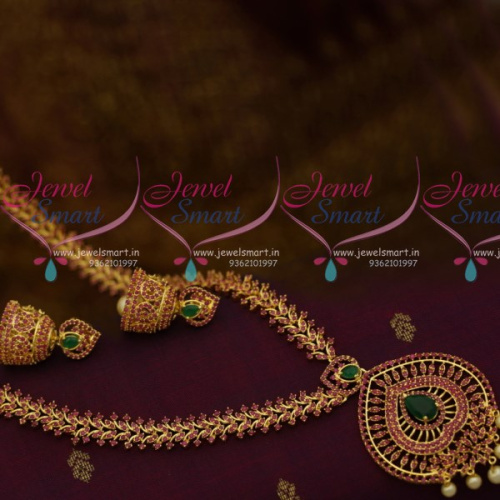 NL10750 Ruby Green Pearl Drops Pendant Fashion Haram Semi Precious Collections Jhumka Earrings