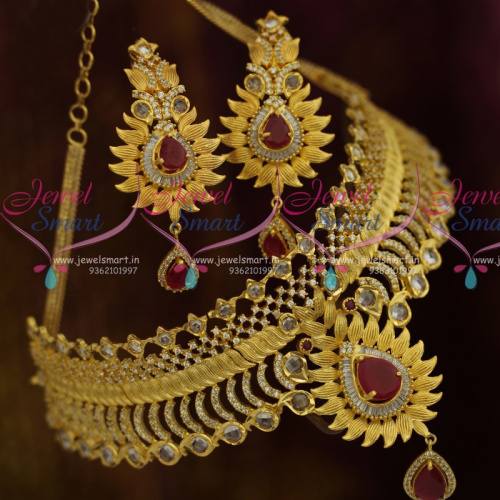 NL10712 Matte Light Gold Plated Polki Ruby AD Beautiful Imitation Choker Jewellery Designs Online