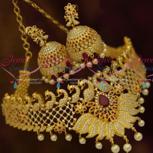 NL10713 Peacock Stacked Design Ruby White Premium Imitation Jewellery Choker Collections Online