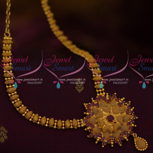 NL10601 Semi Precious Ruby Green Pendant Fancy Chain South Indian Handmade Jewellery Online