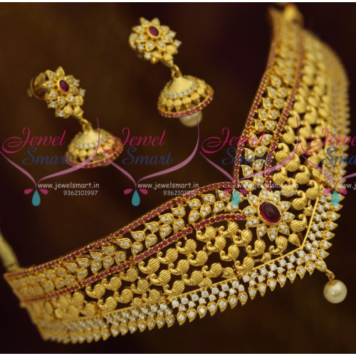 NL10611 Mango Design Gold Plated Ruby White Kemp Fashion Jewellery Choker Small Jhumka Shop Online