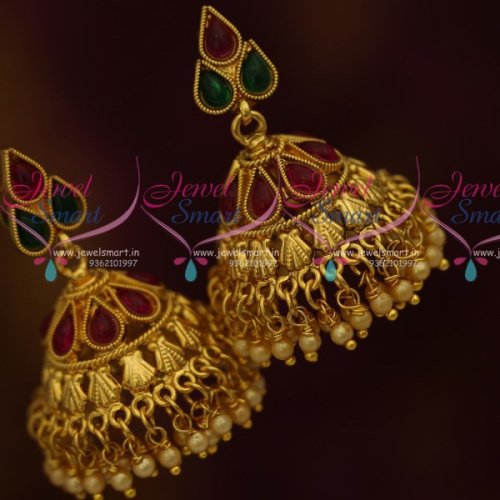 J5537 Antique Red Green Stone Temple Kemp Style Hangings Jhumka Buy Online