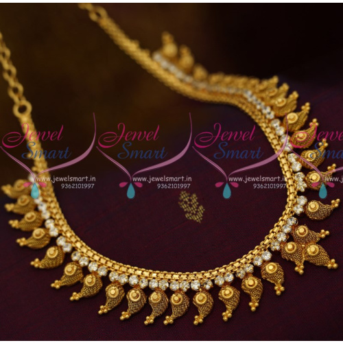 NL10639 South Indian Handmade Fashion Jewellery Mango Design White AD Necklace