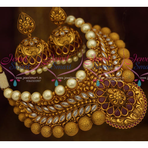 NL10711 Antique Nakshi Work Matte Reddish Colour Handmade Choker Necklace Big Heavy Jhumka Earrings