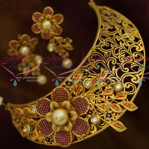 NL10610 Party Wear Jewellery Beautiful Matte Finish Choker Ruby Kundan Blue Enamel Exclusive Gold Finish Collections