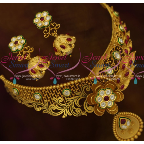 NL10764 Handcrafted Matte Rich Look Choker Beautiful Screw Jhumka Kundan Fashion Jewellery Designs Online