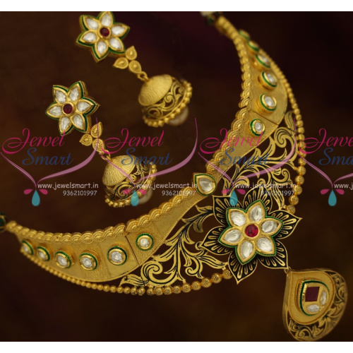 NL10765 Handcrafted Kundan Fashion Jewellery Latest Choker Beautiful Screw Jhumka Designs Online