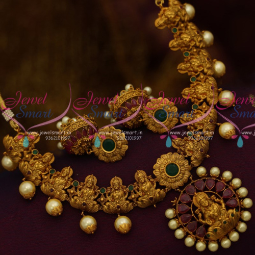 NL10733 Temple Necklace South Indian Traditional Jewellery Matte Dull Gold Finish Pearl Danglers Design Collections