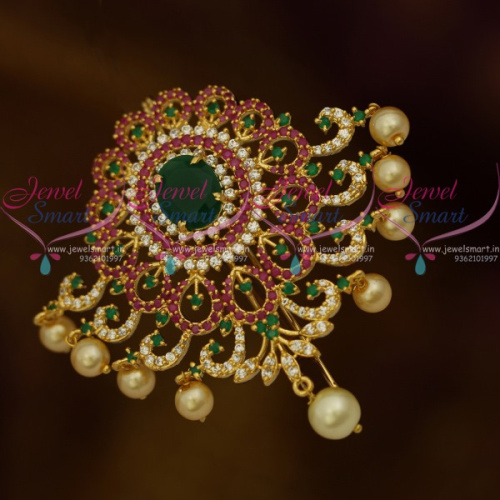 H10977 Broad Design Pearl Drops AD Multi Colour Choti Jada Pin Gold Plated Online