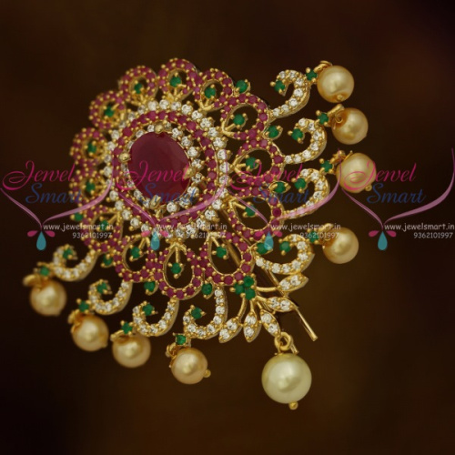 H10978 Broad Design Pearl Drops AD Ruby Green Choti Jada Pin Gold Plated Online