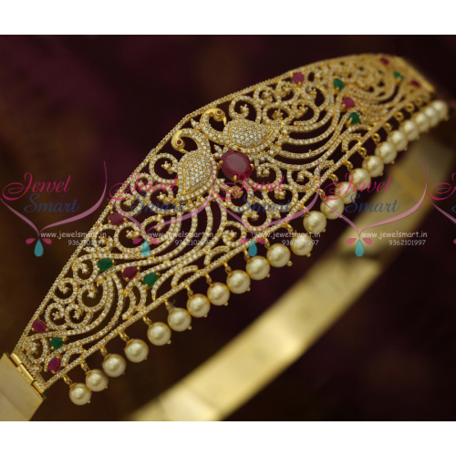H11123 AD Ruby Emerald Peacock Design Vaddanam Gold Plated Imitation Bridal Jewellery Online