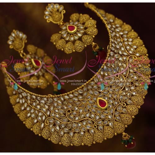 NL10856 Broad Antique Polki Glass Stones Choker Necklace Bridal Jewellery Collections Online
