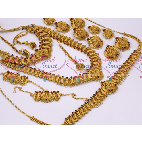 BR10871 Broad Big Antique Bridal Matte Temple Nakshi Peacock Gold Finish Dulhan Jewellery Full Set Latest Collections