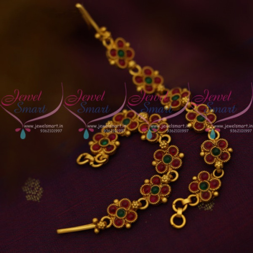 EC11107 Floral Design Kemp Red Green Fancy Ear Chains South Indian Ear Mattal Matching Wedding Jewellery