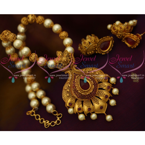 NL10889 Beaded Pearl Matte Gold Antique Handmade Pendant Jhumka Earrings Ruby Jewellery Online