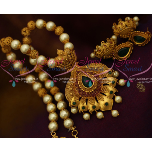 NL10890 Beaded Pearl Matte Gold Antique Handmade Pendant Jhumka Earrings Multi Colour Jewellery Online