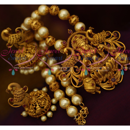 NL10891 Nagas Temple Jewellery Pearl Beaded Traditional Big Pendant Jhumka Earrings Online