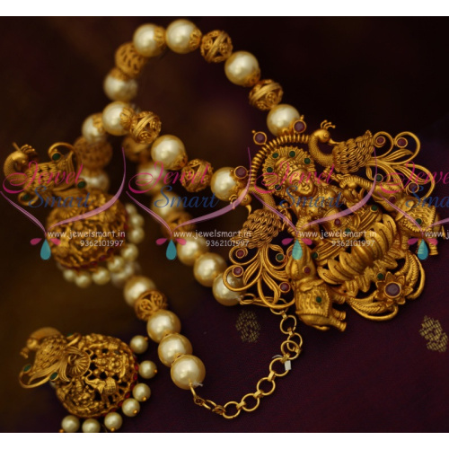 NL10892 Latest Imitation Nagas Temple Jewellery Pearl Beaded Traditional Big Pendant Jhumka Earrings Online