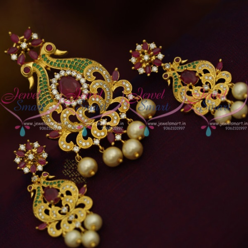 PS11176 Peacock Design AD Multi Colour Pendant Set Gold Plated Jewellery Online