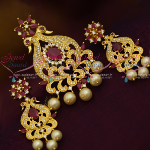 PS11177 Peacock Design AD Ruby White Colour Pendant Set Gold Plated Jewellery Online