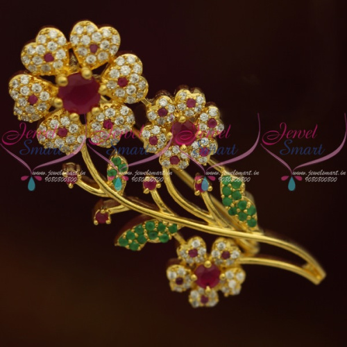 SP11216 Floral Ruby Emerald AD Stones Fashion Matching Jewellery Saree Pins Accessory