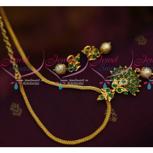 NL11389 Chain Emerald Pendant Small Screwback Earrings Pearl Drops Elegant Design Jewellery