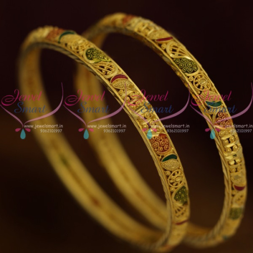 B11209 Daily Wear Imitation Jewellery Thin Meenakari Work Light Matte Gold South Indian Designs