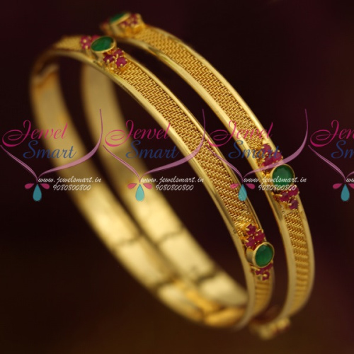 B11383 Woven Design Kemp Red Green Stones Daily Wear Bangles Jewellery Shop Online