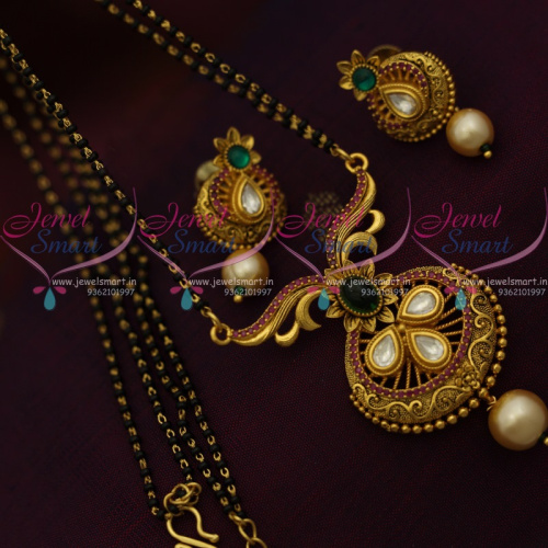 MS11140 Black Beads Mala 2 Line Long Mangalsutra Haram Handmade Kundan AD Jewellery