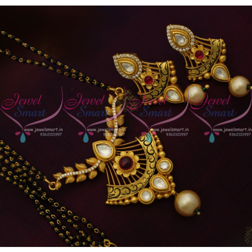 MS11141 Nalla Pusalu Mala 2 Line Long Mangalsutra Haram Handmade Kundan AD Jewellery
