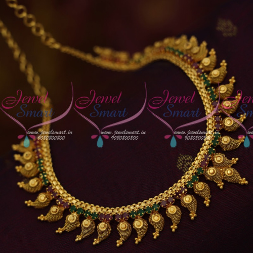 NL11298 South Indian Fashion Jewellery Mango Design Ruby Emerald AD Necklace