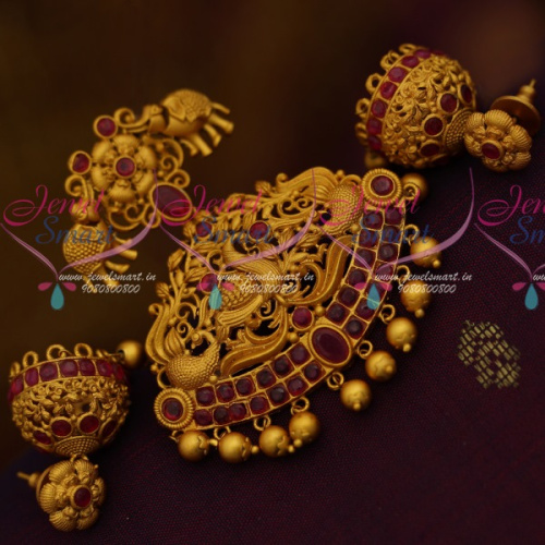 PS11266 Red Stones Nakshi Peacock Elephant Decorated Matte Pendant Earrings Jhumka Online