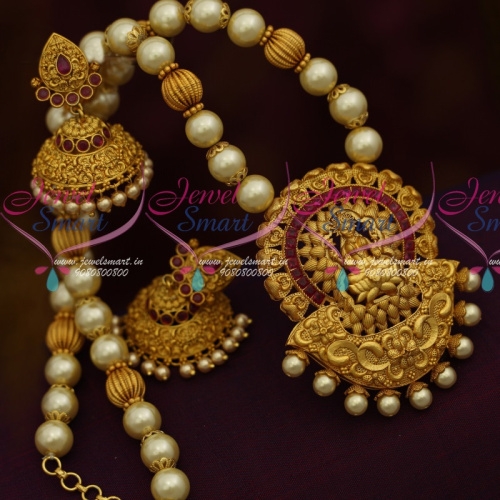 NL11364 Pearl Temple Jewellery Matte Beaded Nakshi Broad Jhumka Collections Online Matte Collections
