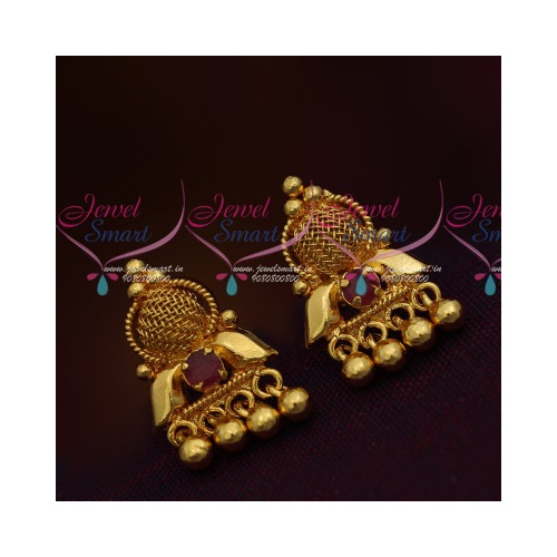 ER11394 South Indian Jewellery Daily Ruby Red Wear Small Earrings Gold Finish Online