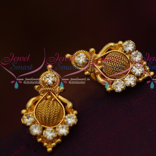 ER11398 South Indian White AD Jewellery Matching Daily Wear Small Ear Studs Gold Finish Online