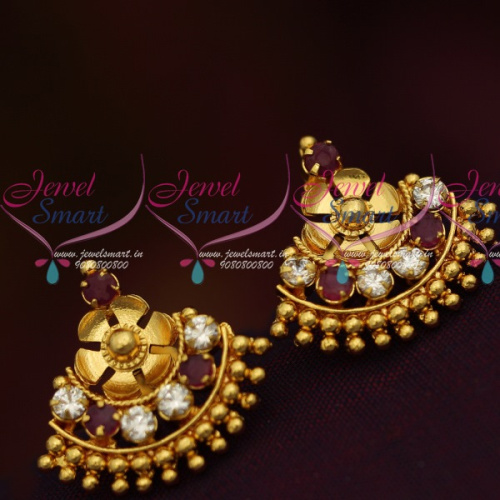 ER11399 South Indian Traditional Jewellery Screwback Ruby White Stone Daily Wear Earrings Gold Finish  Online