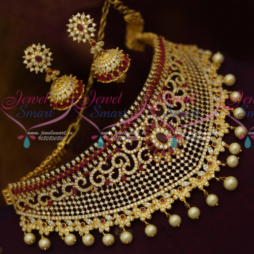NL11523 Bridal Jewellery Ruby White Grand Choker Necklace Pearl Danglers Latest Design Collections Online