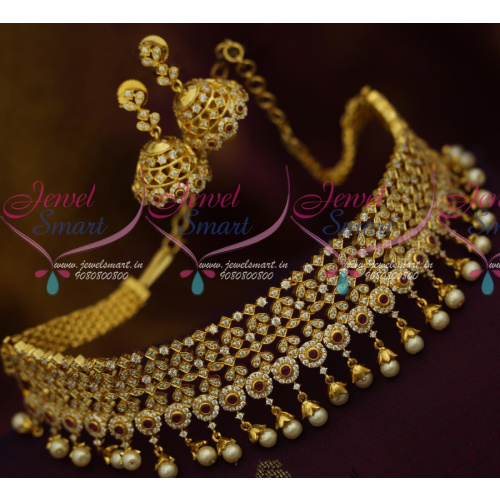 NL11526 Ruby White Stylish Trendy AD Jewellery Choker Pearl Gold Caps Jhumka Earrings Even Width Design